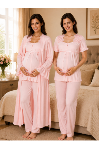 Effortt 7024 Pudra Fisto Dantelli Sabahlıklı Hamile Pijama Takımı